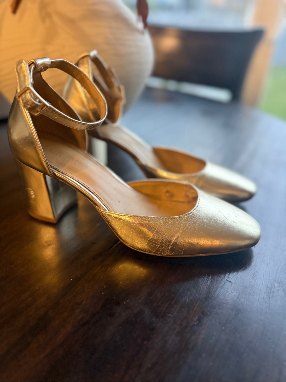 J. Crew Metallic Gold Ankle-Strap Block Heels 7.5